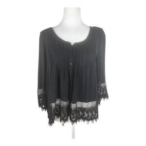American Eagle Black Embroidered Trim 3/4 Sleeves Button-Front Top Women's S
